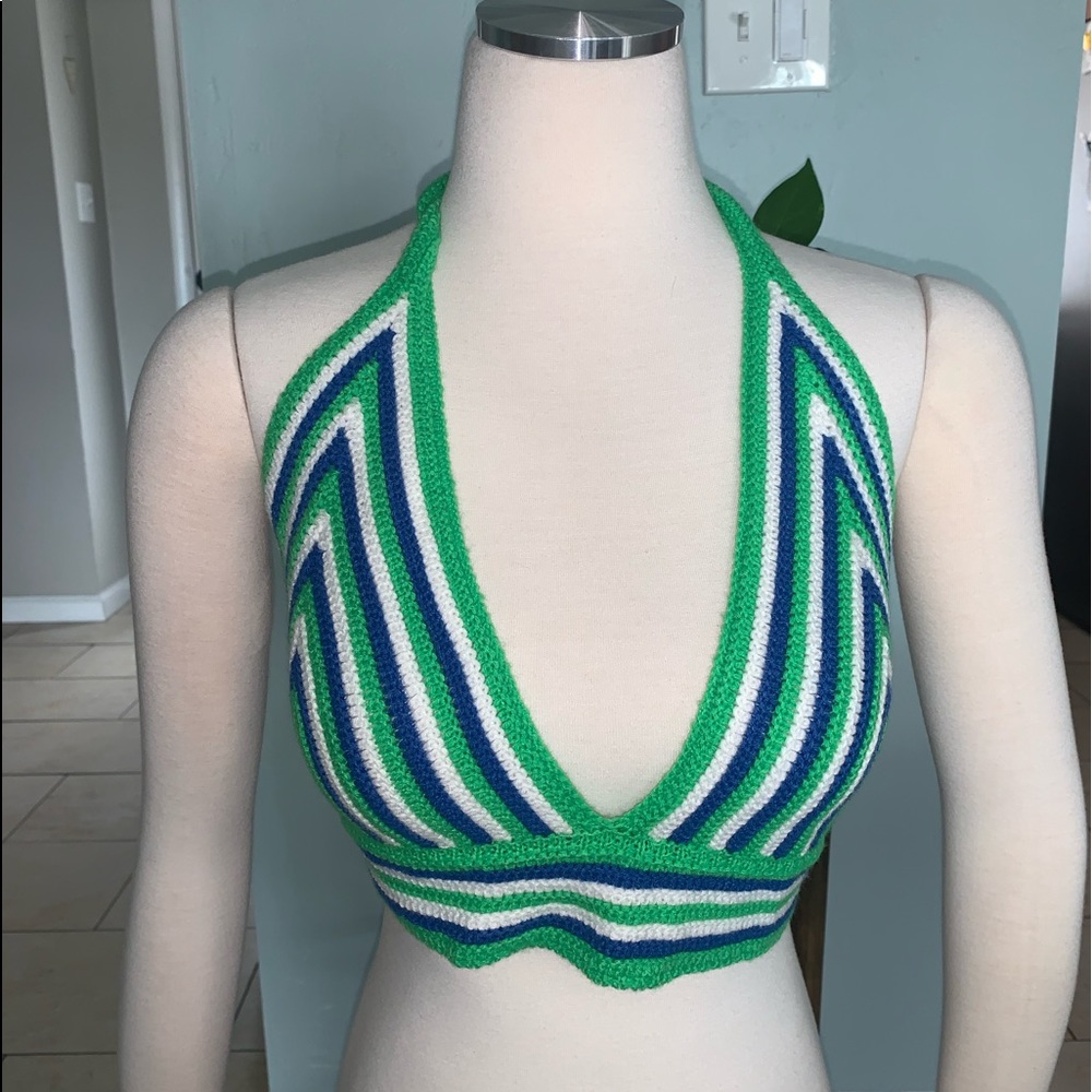 Green and Blue Retro Crochet Hater Crop